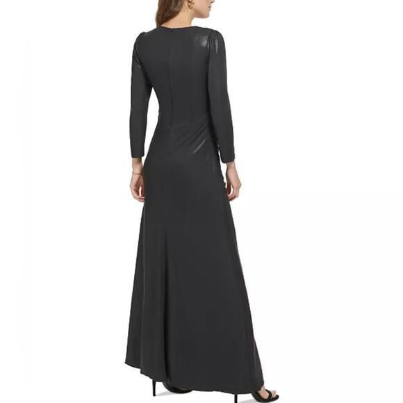 DKNY Long Dress Faux Leather Look Side Ruched Jersey Surplice V-Neck 6 NWT - Picture 5 of 16